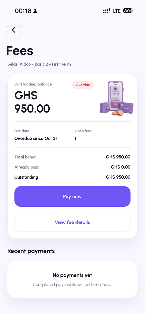 Acadia Parents school fees screen