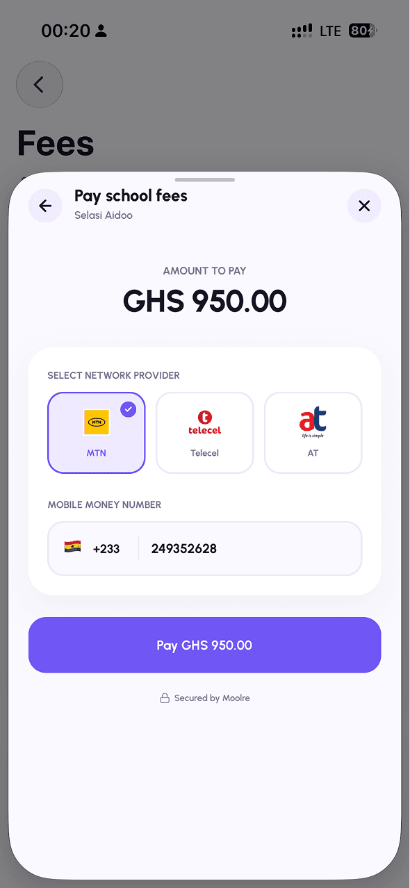 Acadia Parents mobile money payment screen
