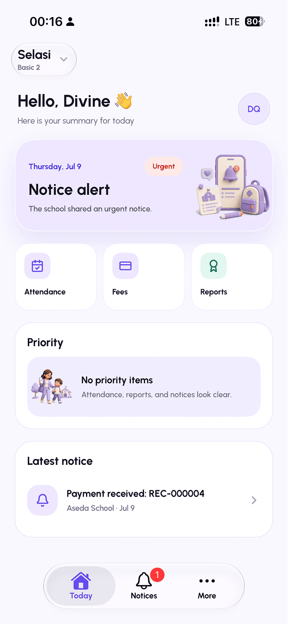 Acadia Parent App home screen with attendance, fees, reports, and school notices